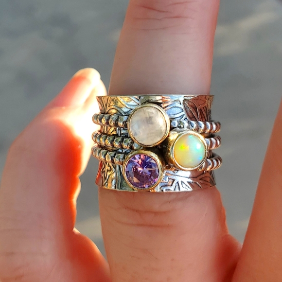 New Ethiopian Opal, Rainbow Moonstone and Pink Topaz Silver Spinner Ring. - Picture 2 of 16